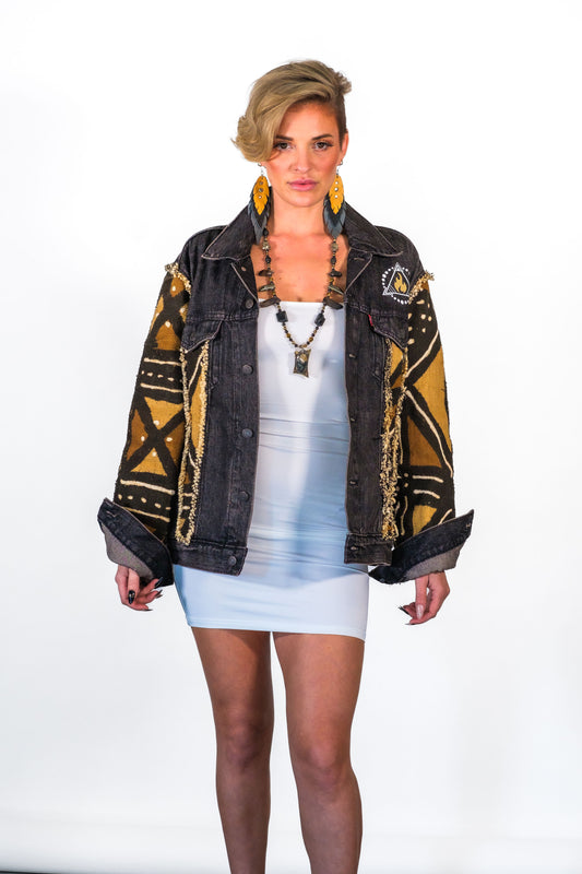 CUSTOM MUDCLOTH DENIM JACKET – BLACK