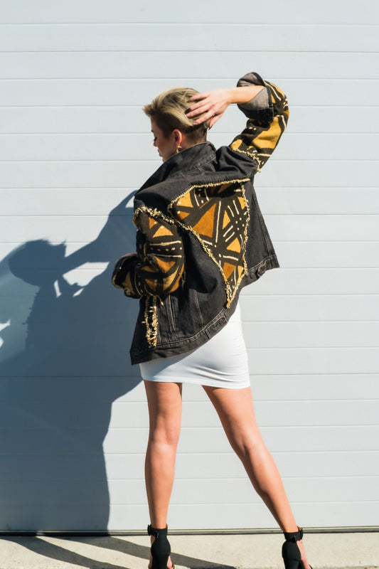 CUSTOM MUDCLOTH DENIM JACKET – BLACK